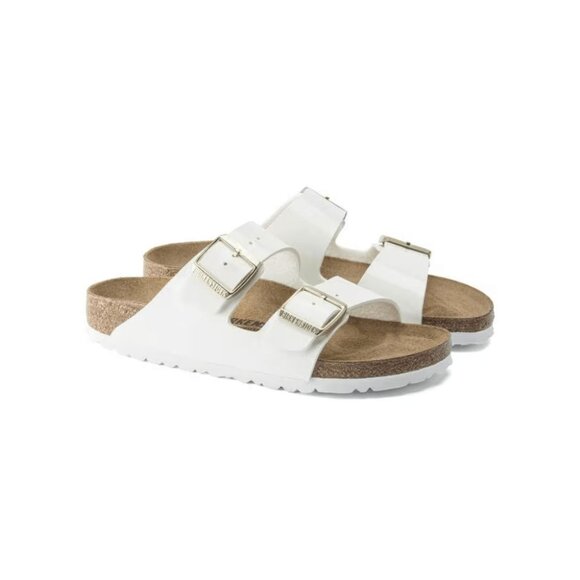 Birkenstock White Two-Strap Arizona Sandal with Gold Buckles